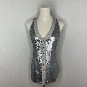Y2K Sequin Silk Festival Party Top Banana Republic Heritage Silver Halter Top S